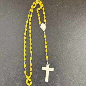 VTG Plastic Rosary with Crucifix, Yellow Oval Beads Metal Chain - Prayer Beads